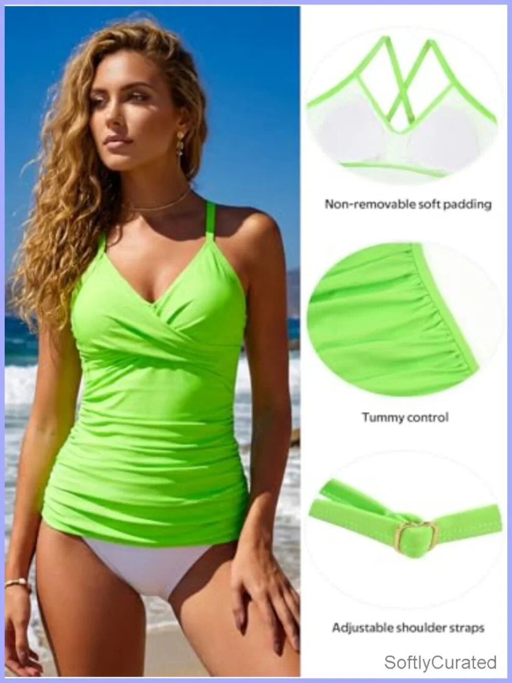 V Neck Tankini Top Ruched Tummy Control Push Up Swimsuit Top